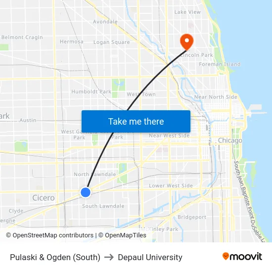 Pulaski & Ogden (South) to Depaul University map