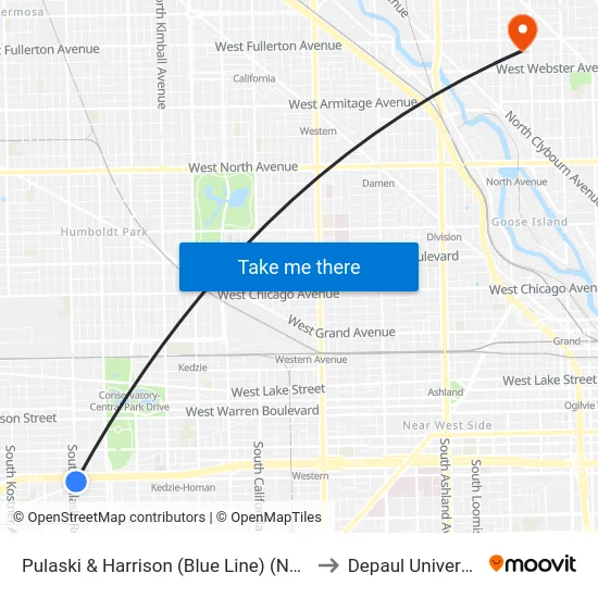 Pulaski & Harrison (Blue Line) (North) to Depaul University map
