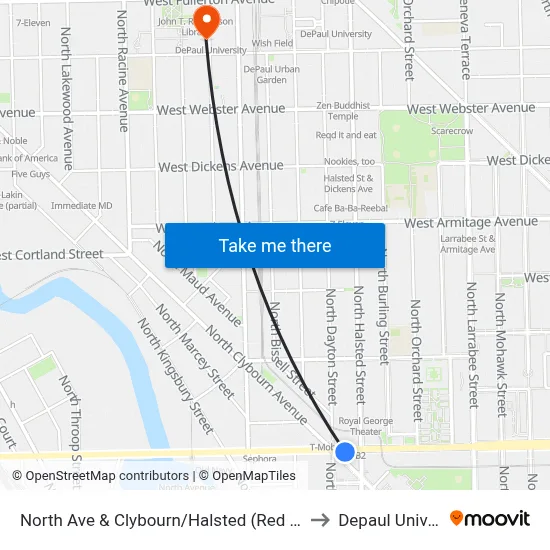 North Ave & Clybourn/Halsted (Red Line) (East) to Depaul University map