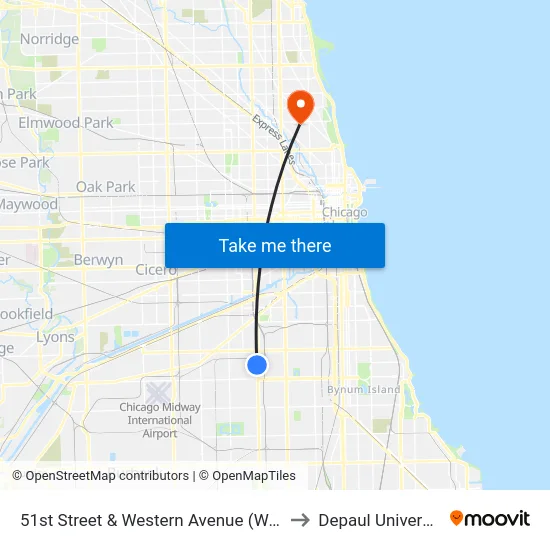 51st Street & Western Avenue (West) to Depaul University map