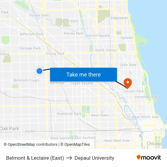 Belmont & Leclaire (East) to Depaul University map