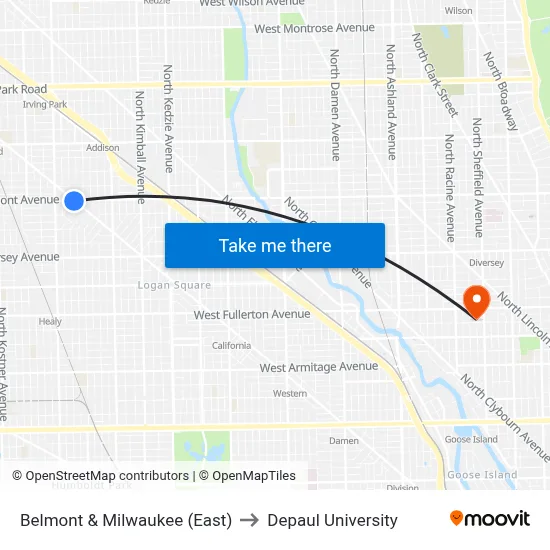 Belmont & Milwaukee (East) to Depaul University map