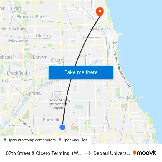 87th Street & Cicero Terminal (West) to Depaul University map