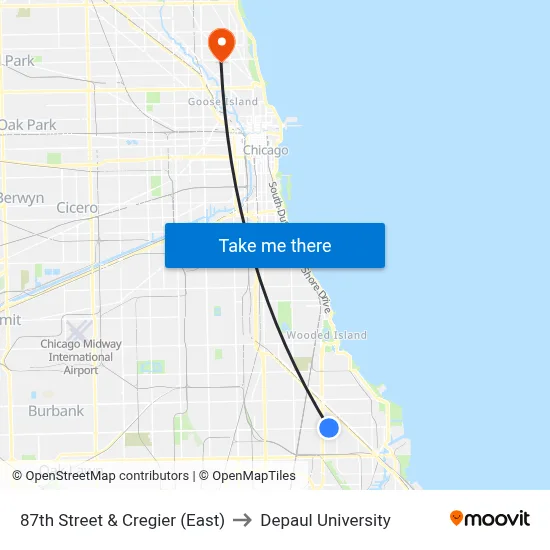 87th Street & Cregier (East) to Depaul University map
