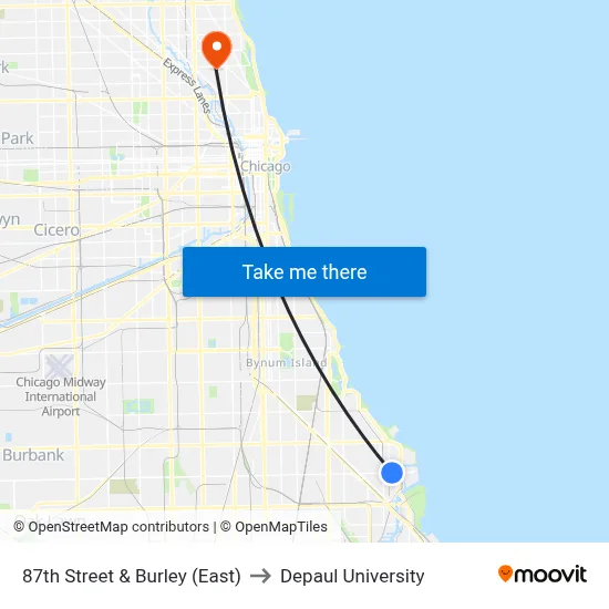 87th Street & Burley (East) to Depaul University map