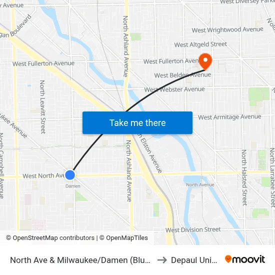 North Ave & Milwaukee/Damen (Blue Line) (West) to Depaul University map