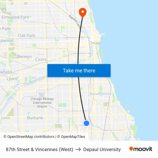 87th Street & Vincennes (West) to Depaul University map