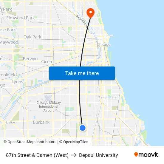 87th Street & Damen (West) to Depaul University map