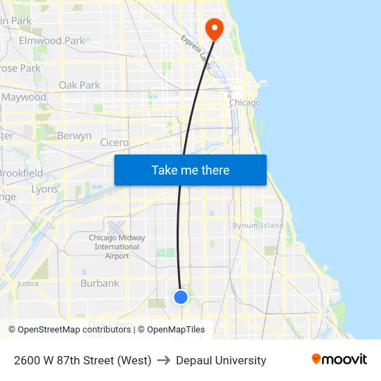 2600 W 87th Street (West) to Depaul University map