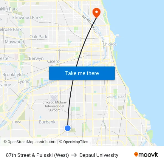87th Street & Pulaski (West) to Depaul University map