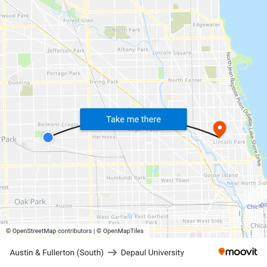 Austin & Fullerton (South) to Depaul University map