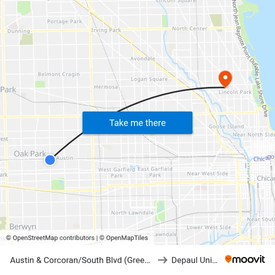 Austin & Corcoran/South Blvd (Green Line) (North) to Depaul University map