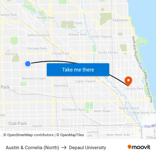 Austin & Cornelia (North) to Depaul University map