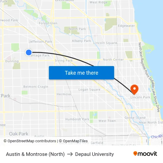 Austin & Montrose (North) to Depaul University map