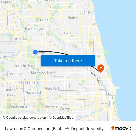Lawrence & Cumberland (East) to Depaul University map