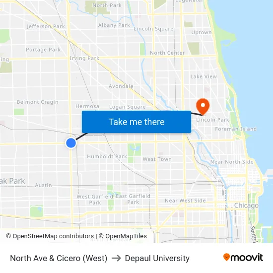 North Ave & Cicero (West) to Depaul University map