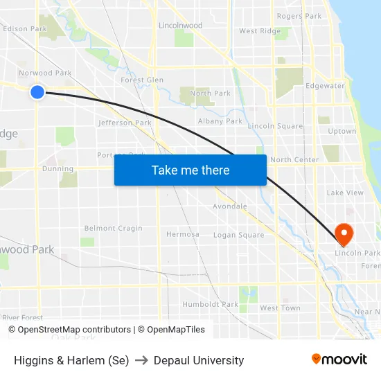 Higgins & Harlem (Se) to Depaul University map