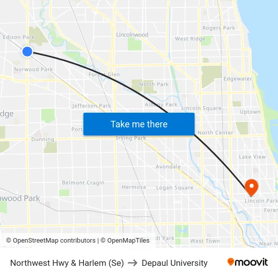 Northwest Hwy & Harlem (Se) to Depaul University map