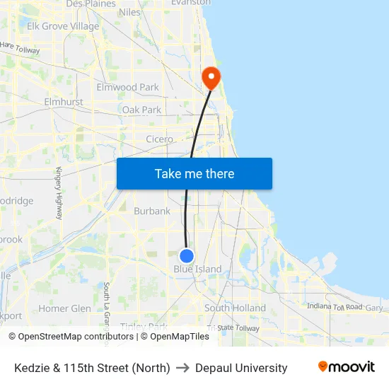 Kedzie & 115th Street (North) to Depaul University map