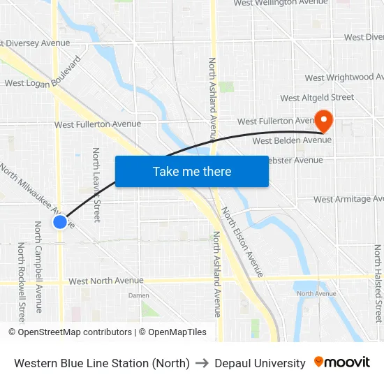 Western Blue Line Station (North) to Depaul University map