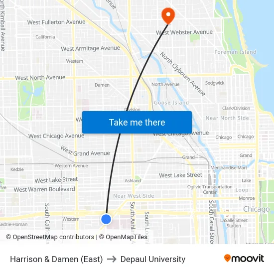 Harrison & Damen (East) to Depaul University map