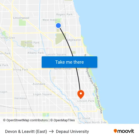 Devon & Leavitt (East) to Depaul University map