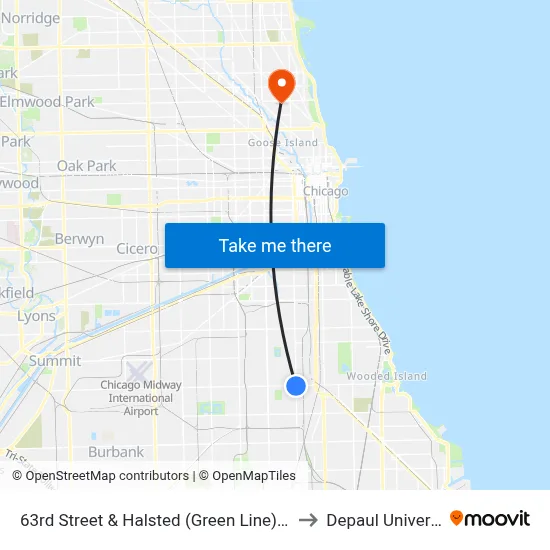 63rd Street & Halsted (Green Line) (East) to Depaul University map
