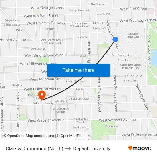 Clark & Drummond (North) to Depaul University map