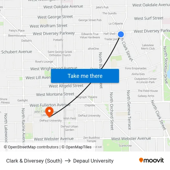 Clark & Diversey (South) to Depaul University map
