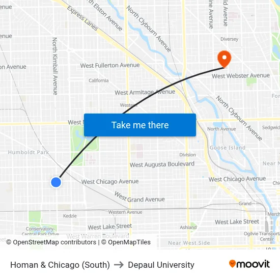 Homan & Chicago (South) to Depaul University map