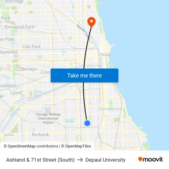 Ashland & 71st Street (South) to Depaul University map
