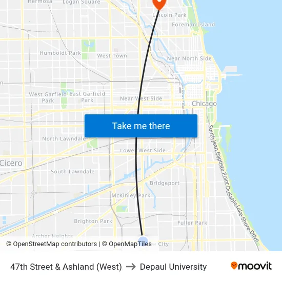 47th Street & Ashland (West) to Depaul University map