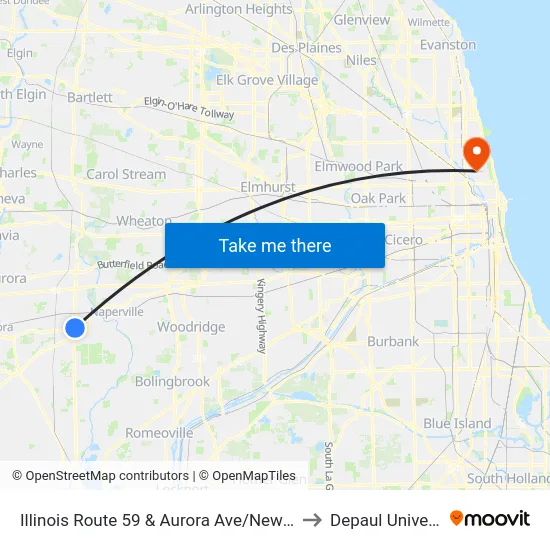 Illinois Route 59 & Aurora Ave/New York St to Depaul University map