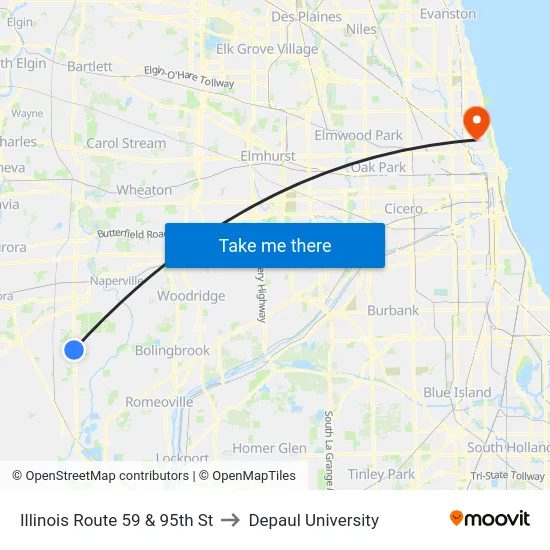 Illinois Route 59 & 95th St to Depaul University map