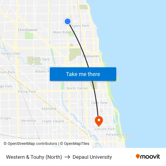 Western & Touhy (North) to Depaul University map