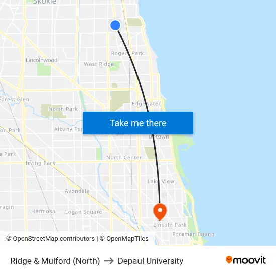 Ridge & Mulford (North) to Depaul University map