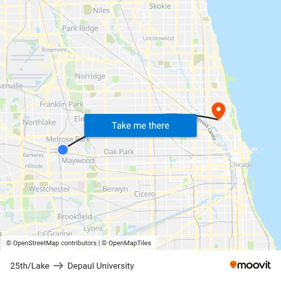 25th/Lake to Depaul University map