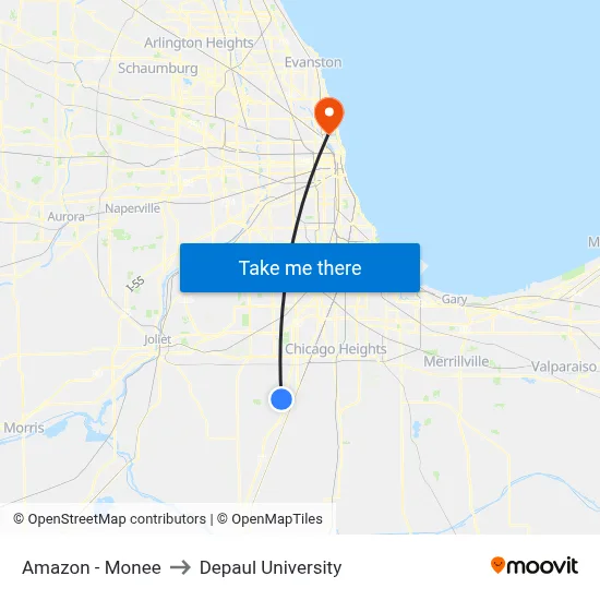 Amazon - Monee to Depaul University map