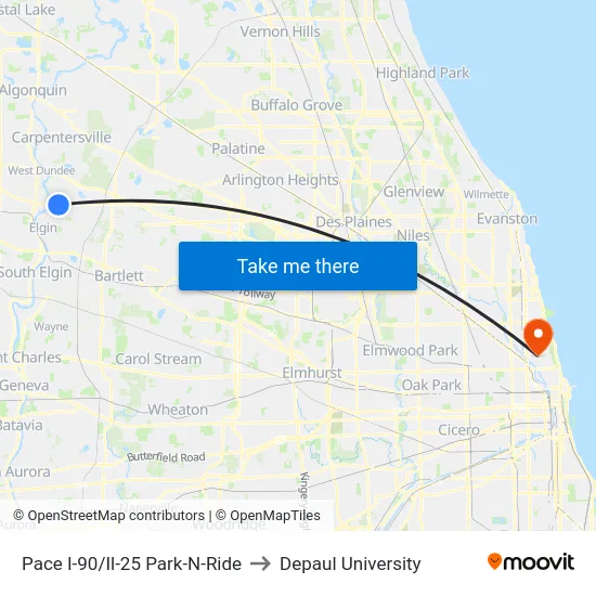 Pace I-90/Il-25 Park-N-Ride to Depaul University map