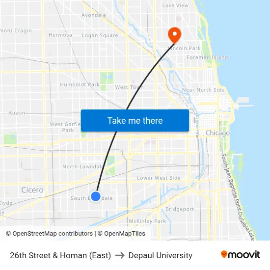 26th Street & Homan (East) to Depaul University map