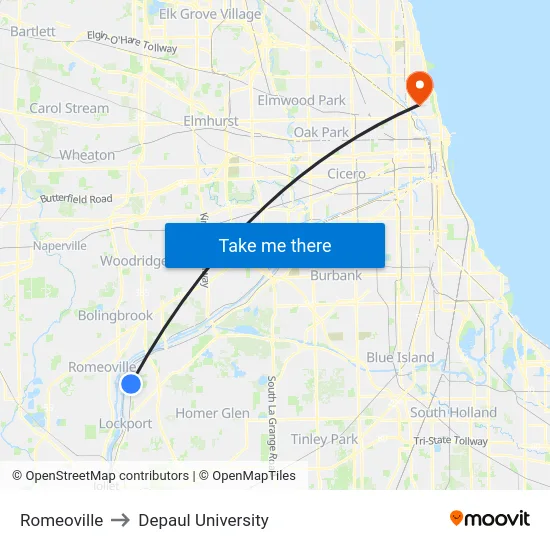Romeoville to Depaul University map