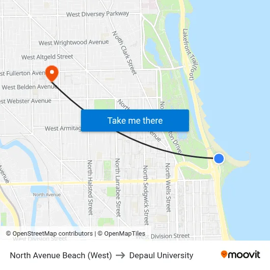 North Avenue Beach (West) to Depaul University map