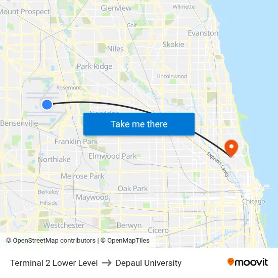 Terminal 2 Lower Level to Depaul University map