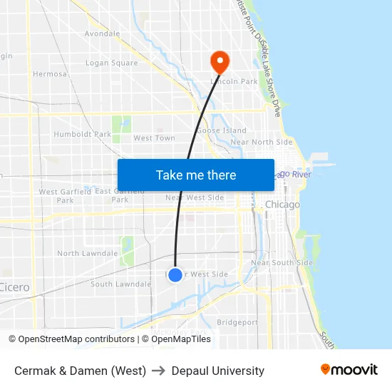 Cermak & Damen (West) to Depaul University map