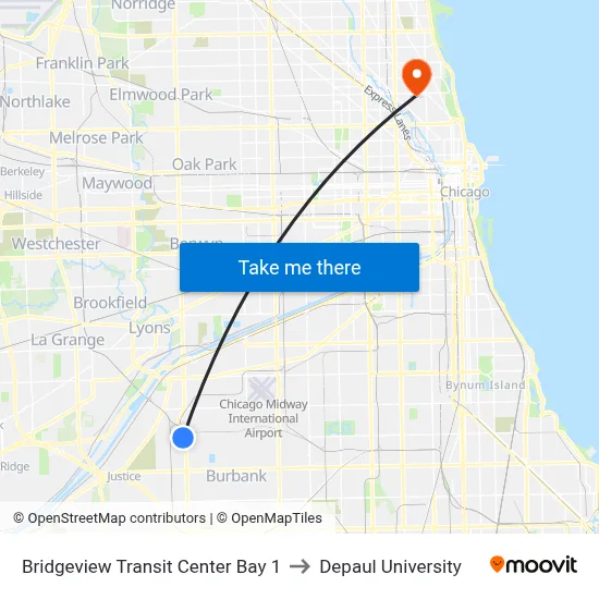 Bridgeview Transit Center Bay 1 to Depaul University map