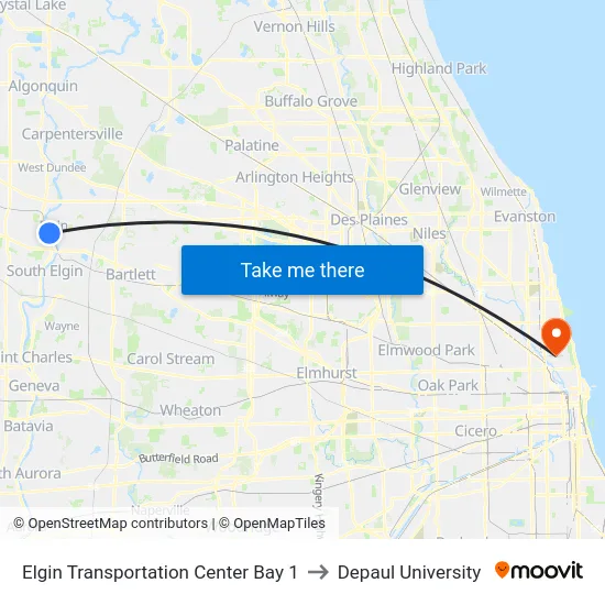 Elgin Transportation Center Bay 1 to Depaul University map
