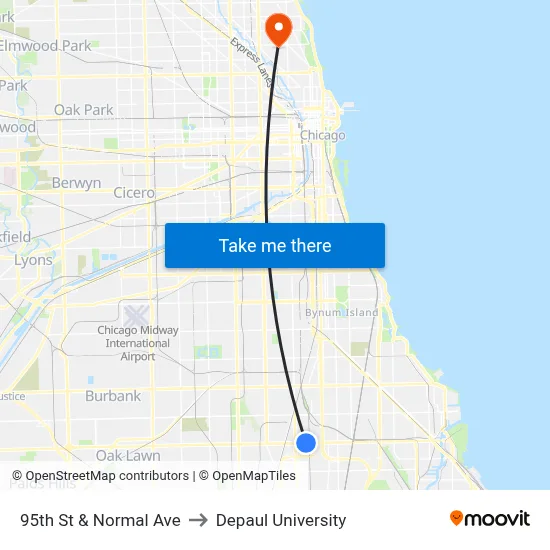 95th St & Normal Ave to Depaul University map