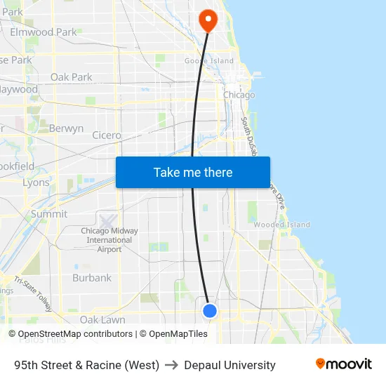 95th Street & Racine (West) to Depaul University map