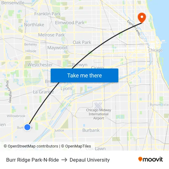 Burr Ridge Park-N-Ride to Depaul University map