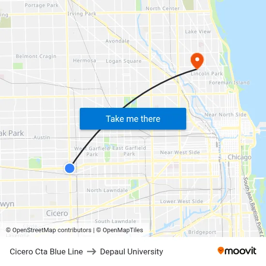 Cicero Cta Blue Line to Depaul University map